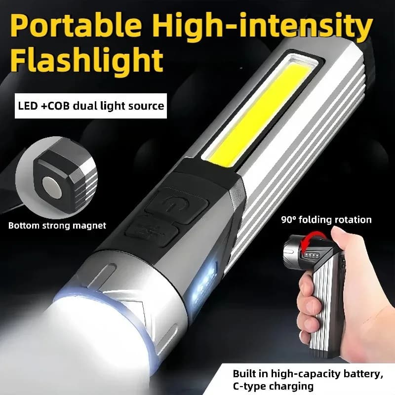 Torcia LED super luminosa COB Luce da lavoro laterale ricaricabile 90 ° Magnete inferiore pieghevole con testa girevole per campeggio di riparazione auto