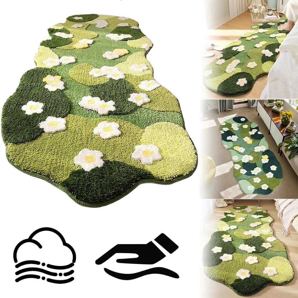 Green Forest Irregular Floor Mat Fluffy Moss Green Carpet Three-Dimensional Flocking Bedroom Rug Flocked Green Plush Bedroom Rug