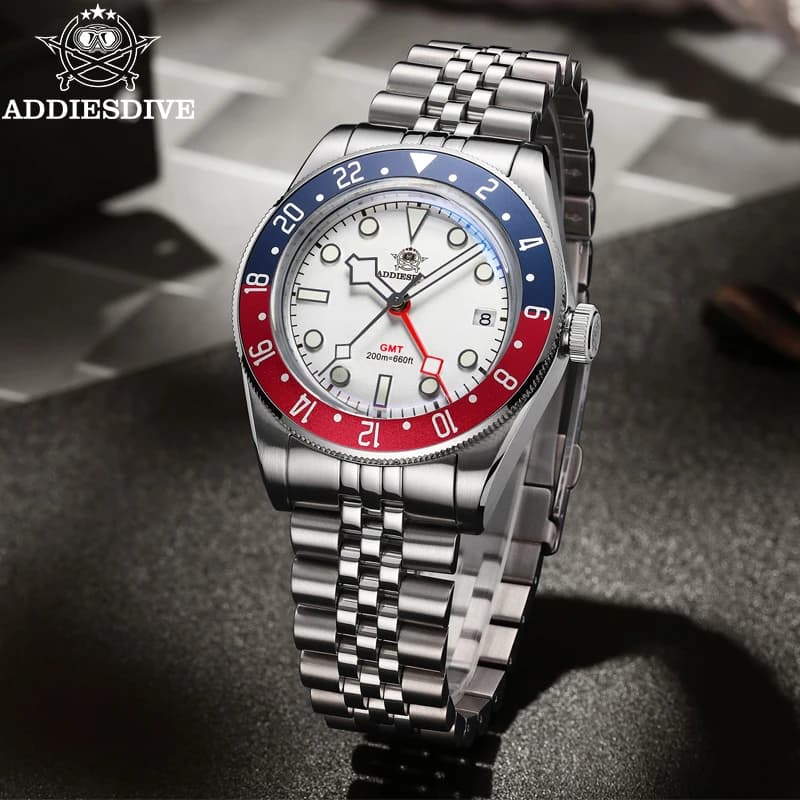 ADDIESDIVE Orologio subacqueo da uomo GMT di lusso 200m Orologio al quarzo in vetro con specchio a bolle impermeabile BGW9 Orologio sportivo luminoso blu AD2044