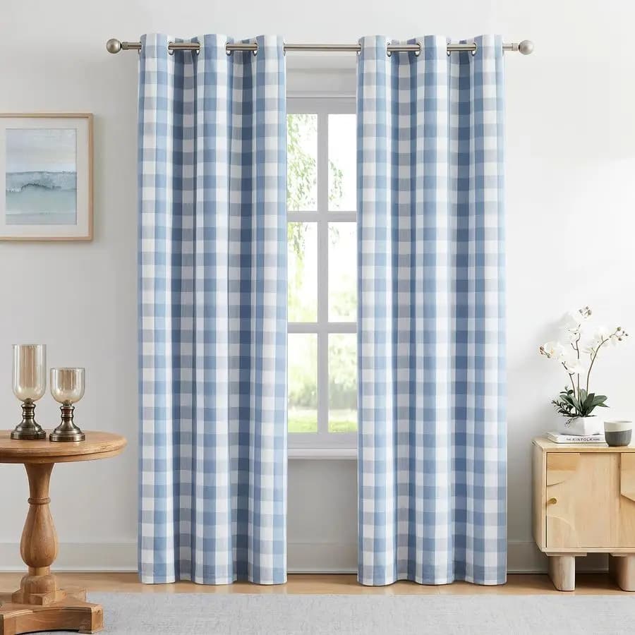 Dark Blue and White Curtains in Buffalo Squares, Lengths 84 Inches, for Bedroom & Living, Rustic Style, Thermal Curtains in Square Pattern