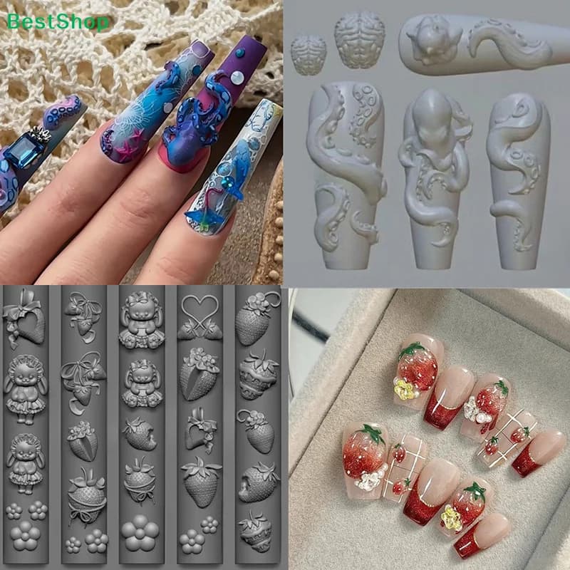 〔R〕Stampi in Silicone 3D per Nail Art - Stampi a Forma di Polpo/Fragola/Bambola per Resina/Gel Polish e Design per Manicure