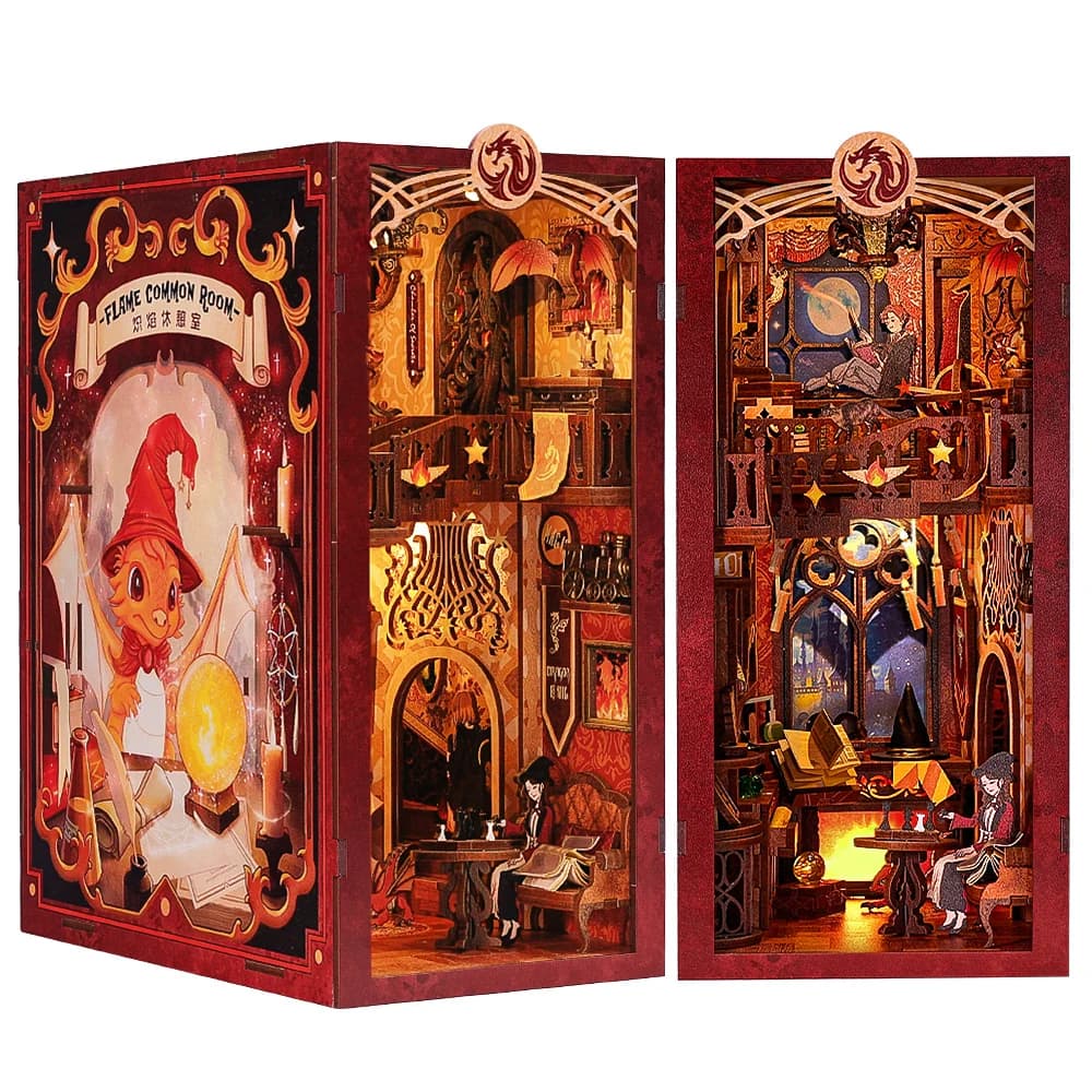 Fsolis Flame Common Room Book Nook Kit With LED Light Handcrafted Wooden 3D Puzzle Model DIY Miniature Room Insert Desk Decor Building Set for Adults Teens
