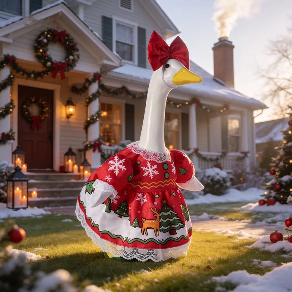 23 Inch Porch Goose Christmas Outfit with Hat and Scarf for White Garden Statue Winter Holiday Display