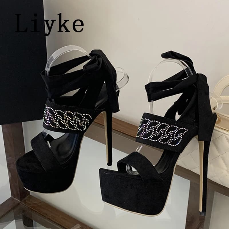 Liyke Model Show Sexy 17CM Extreme High Heels Platform Sandals For Women Crystal Ankle Cross Strap Fashion Runway Party Shoes