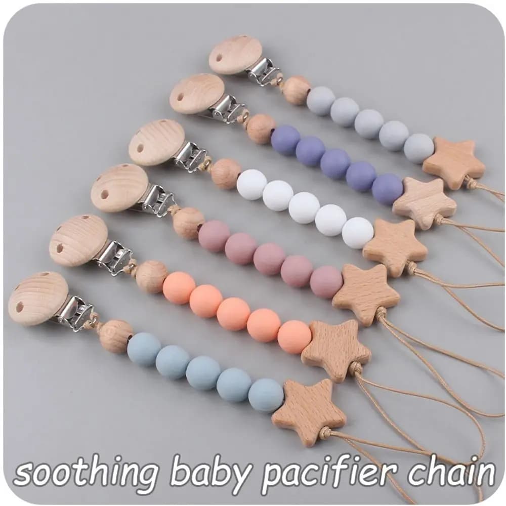 Clip per ciuccio Clip per porta ciuccio Stella in legno Catena per ciuccio per bambini Porta succhietto Porta capezzoli Clip per massaggiagengive Cinghie per giocattoli