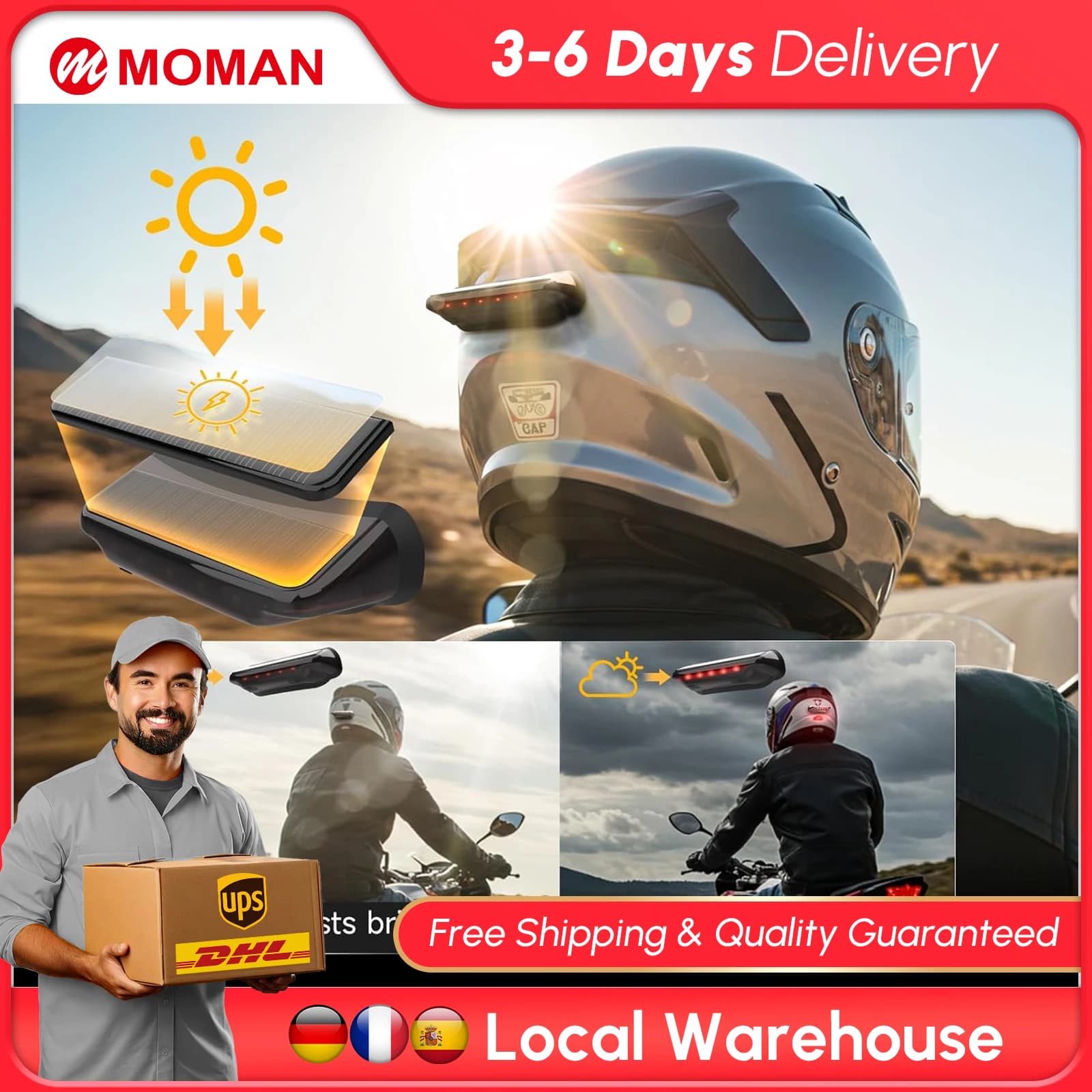 【US STOCK】Luce per casco Moman Solar, luce di sicurezza a LED per moto e bicicletta, sensore di frenata, luce di avvertimento rossa ultra luminosa