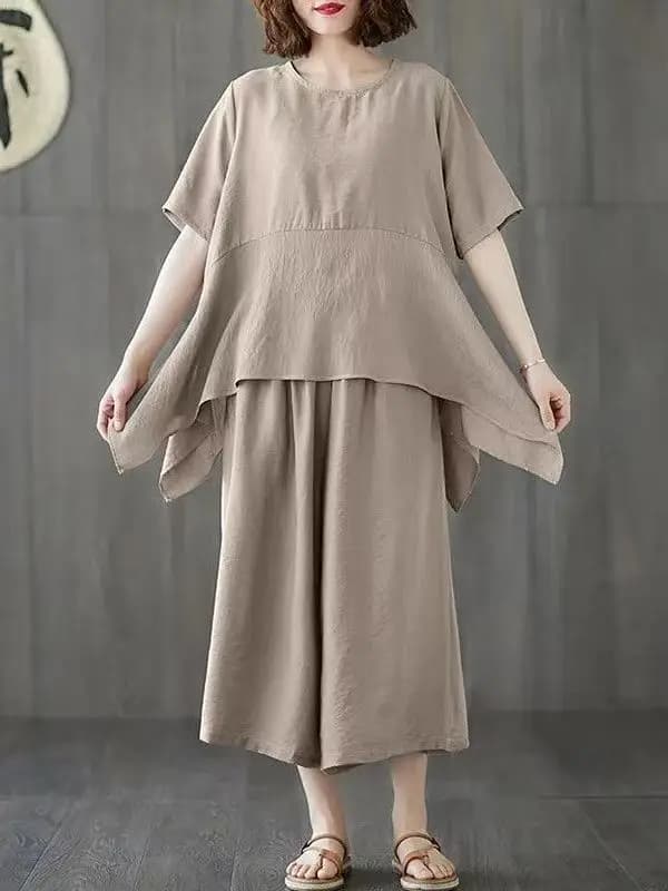 plus Size Fashionable Anti-Aging Asymmetrical Short Sleeve Top Wide Leg Pants Set Women Summer New Meat Concealing Slimming T...