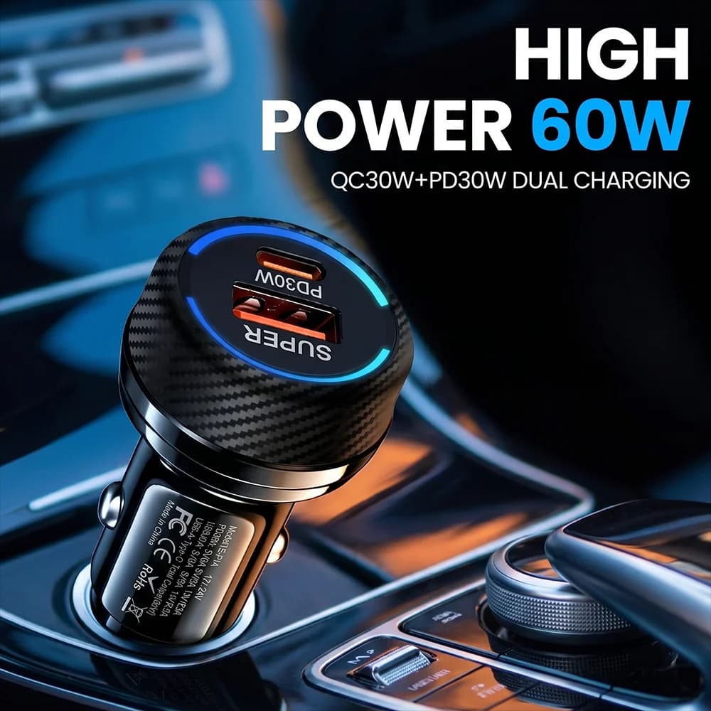 Caricabatterie da auto ad alta potenza 60W a doppia porta, adattatore PD30W Type C e QC30W USB A con luce d'atmosfera a LED blu per veicoli universali