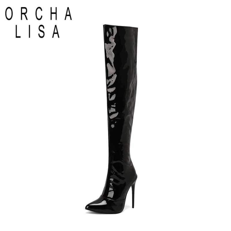 ORCHALISA Leather Thin Stiletto Over The Knee Boots for Club, 12cm Ultra High Heels, Multi Sizes US15-US17,45-48 Black/Yellow