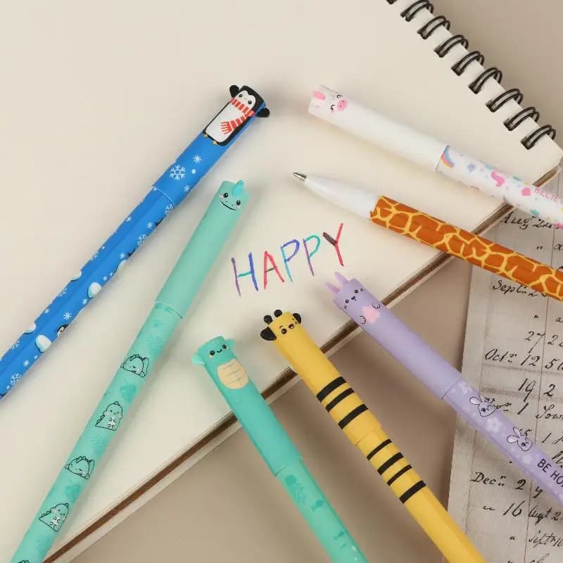Set di 7 Penne con Design di Animali Cartoon, Ape/Coniglio/Giraffa, Gel Cancellabile Colorato 0,5mm per Scuole