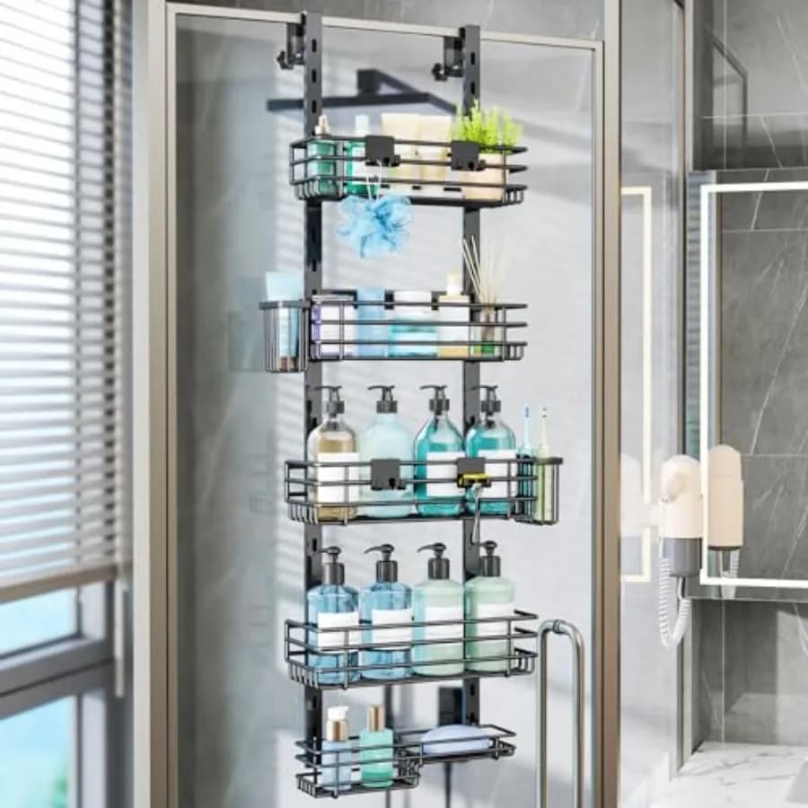 Organizzatore da Doccia da Appendere Sopra la Porta - Portaoggetti Regolabile a 5 Livelli con 2 Porta Spazzolini e 4 Ganci Antiruggine