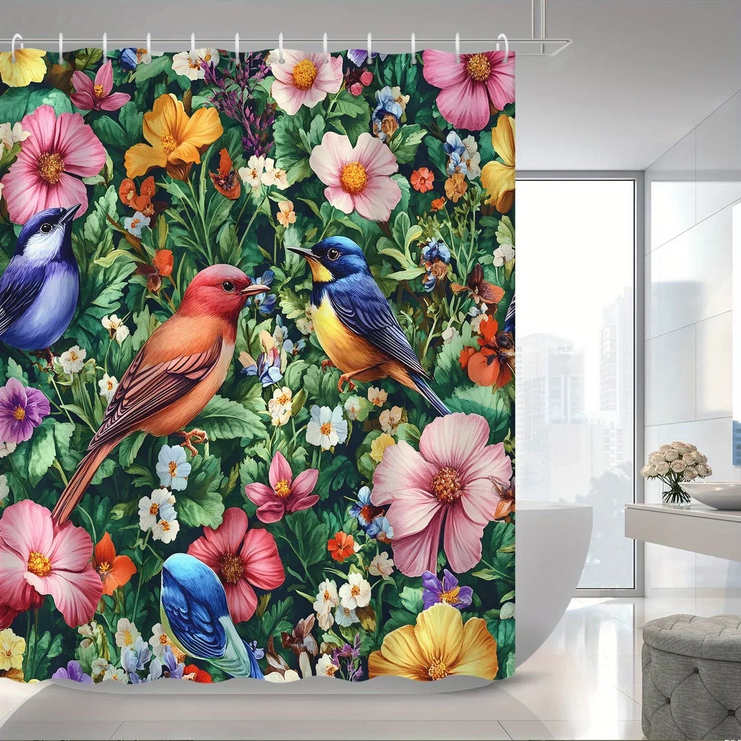 1pc moderno giardino fiori piante animale gazza uccello tenda da doccia, 12 ganci tenda da doccia da bagno, arredamento per il bagno