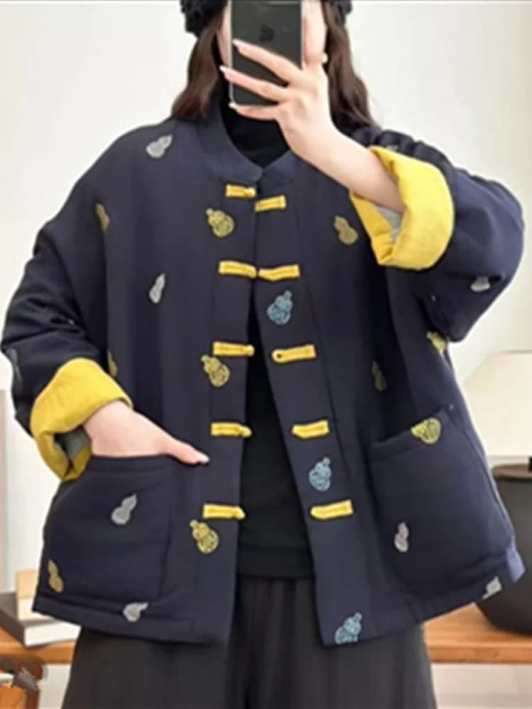 Giacca in Cotone e Lino con Ricami in Stile Cinese, Cappotto Invernale da Donna con Bottoni, Maniche Lunghe e Imbottitura Spessa