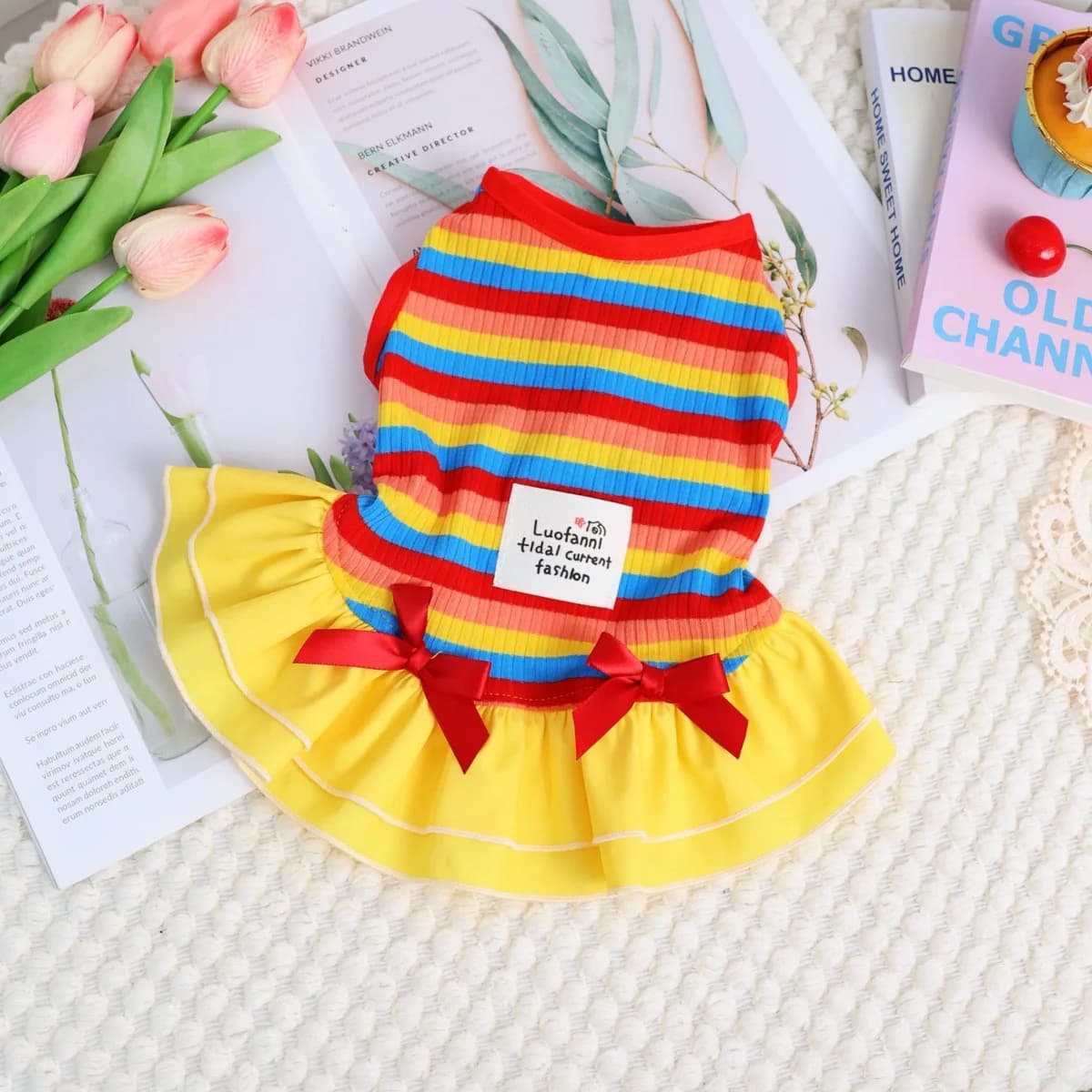Cute Rainbow Striped Pet Dress for Small Dogs Cats, Bowknot Ruffle Skirt Puppy Kitten Outfit, Summer Dog Cat Apparel