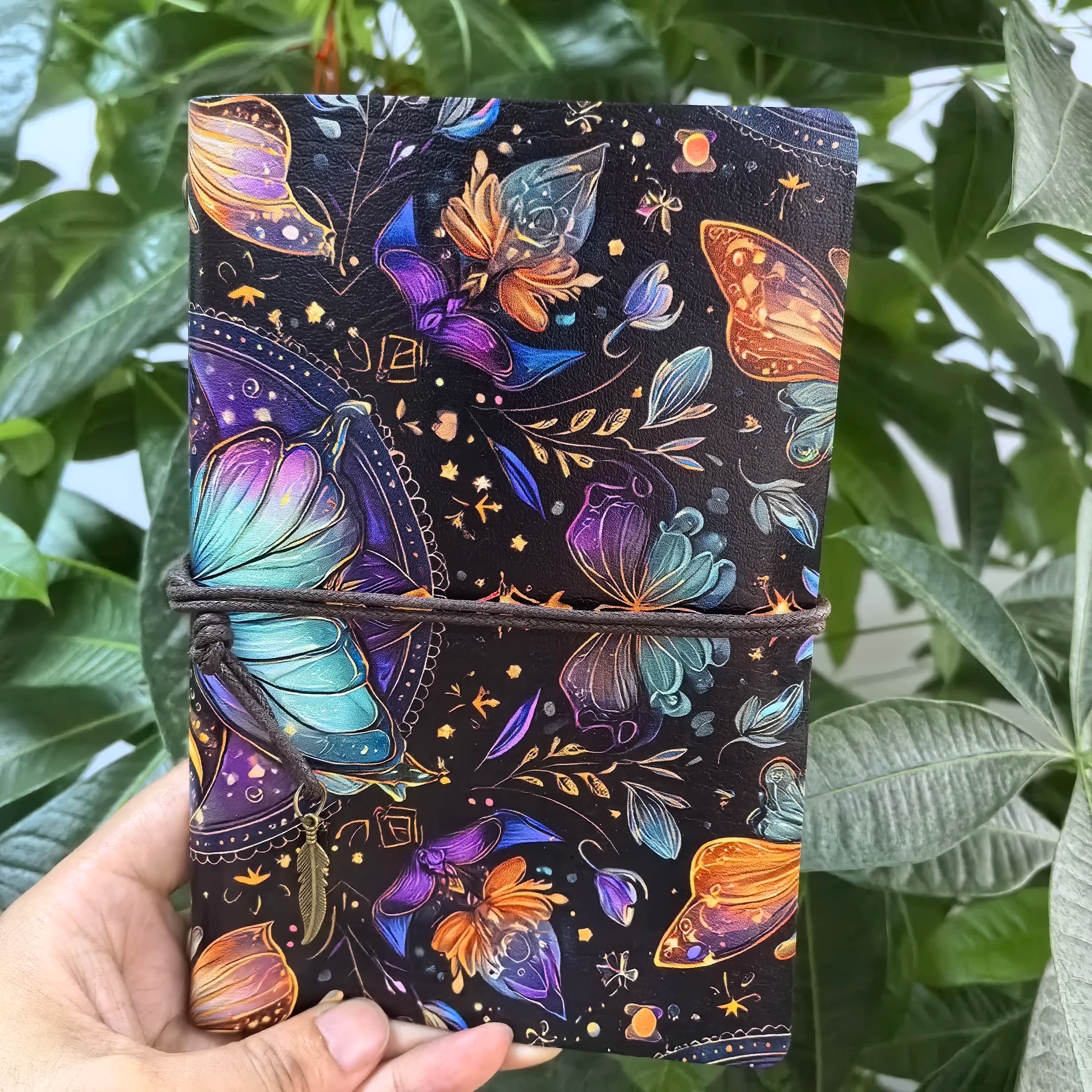 Starry Sky Butterfly Leather Journal-Bohemian Luna Moth Print Travel Diary, Dark Aesthetic Witchy Notebook with String Closure,