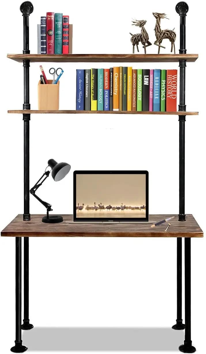 Scrivania industriale per laptop da 79 pollici Scrivania per computer in legno massello Scrivania per tubi da parete con ripiani Tavolo per computer per ufficio domestico (L:40 pollici)