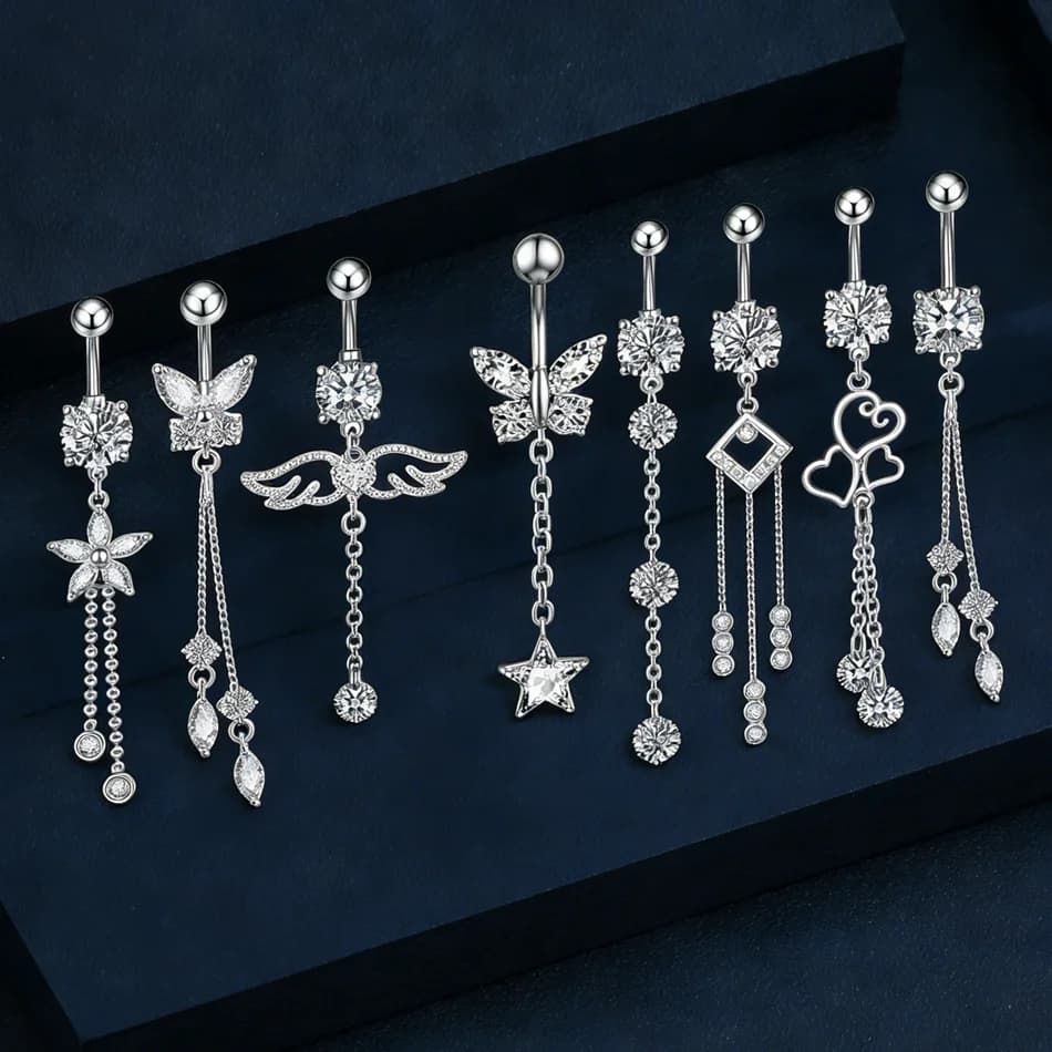 Internally Threaded Navel Piercings Jewelry Titanium Piercing Barbell Long Chain Bow Flower Butterfly Dangle Belly Button Rings