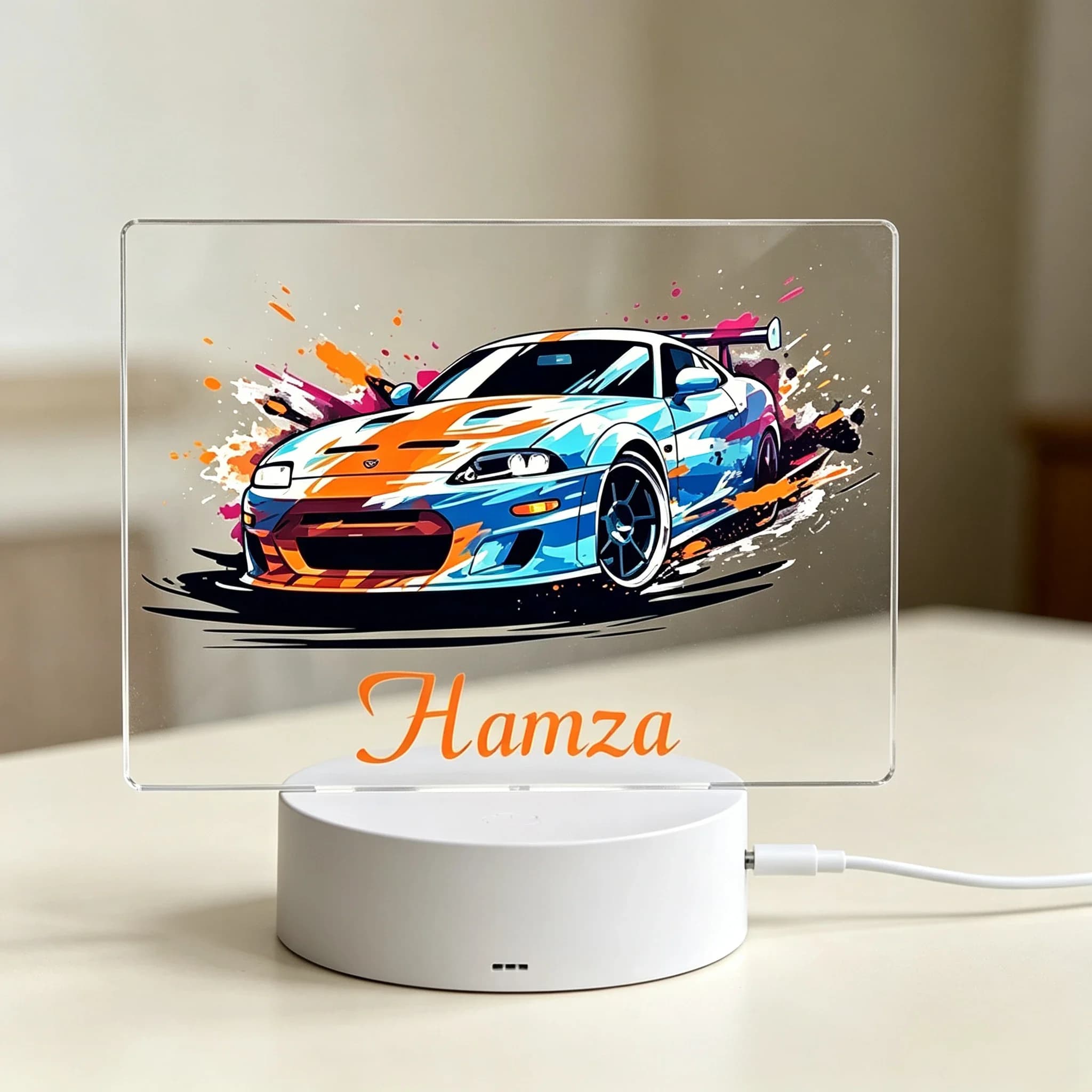 Cool Splash‑Paint Race Car Acrylic Nightlight Customized Name Desk Lamp