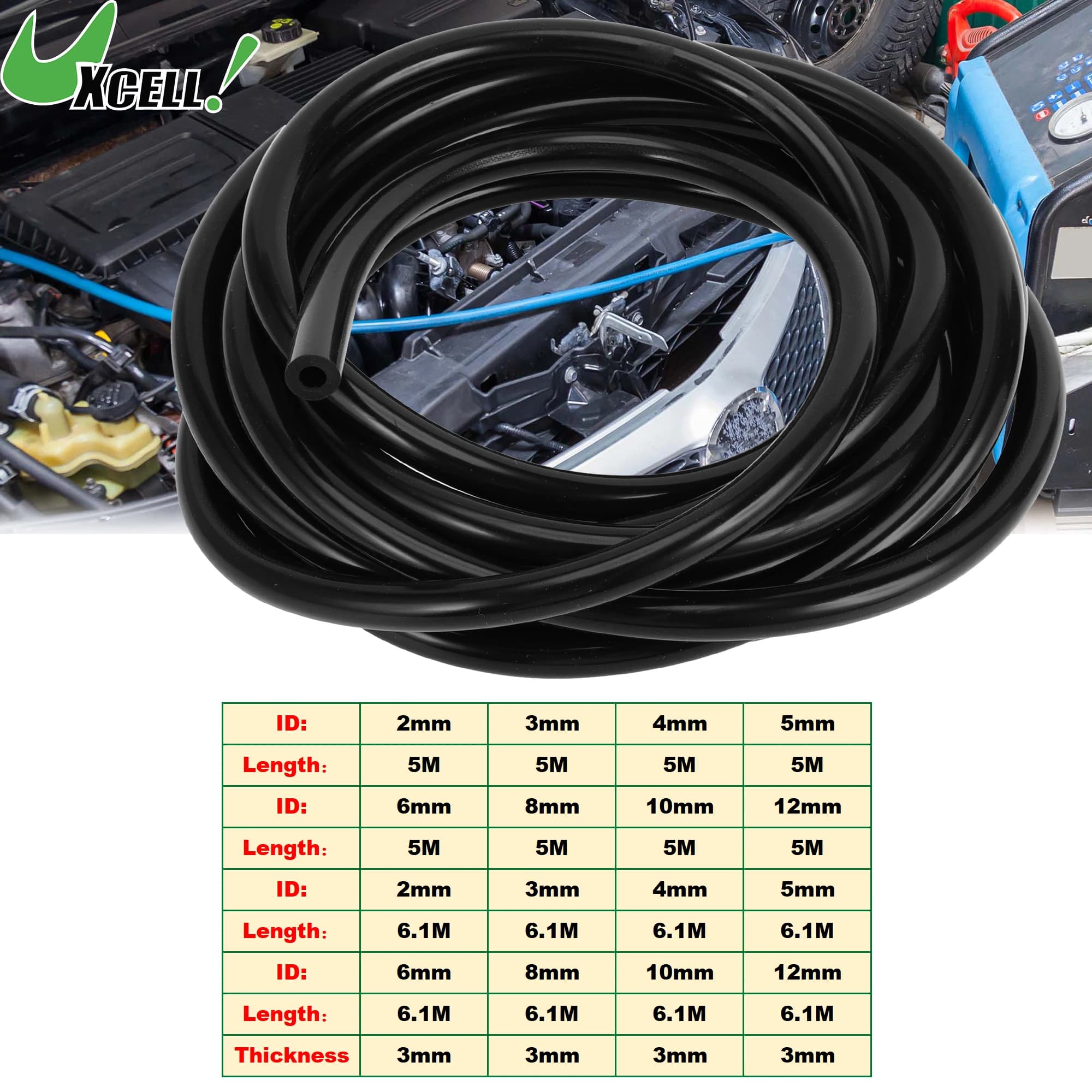 UXCELL 5M 6.1M tubo per vuoto in Silicone lungo tubo flessibile per auto motore linea di vuoto in Silicone ad alta temperatura 2mm-12mm ID 3mm di spessore