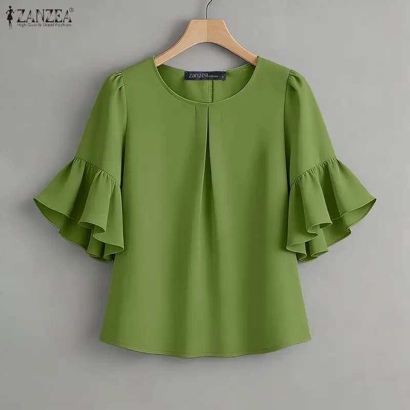 ZANZEA Camicetta Estiva da Donna Elegante con Scollo a O e Maniche Corte Arricciate, Top da Lavoro 2026, Camicia Casual a Tinta Unita Plissettata, Tunica Femminile