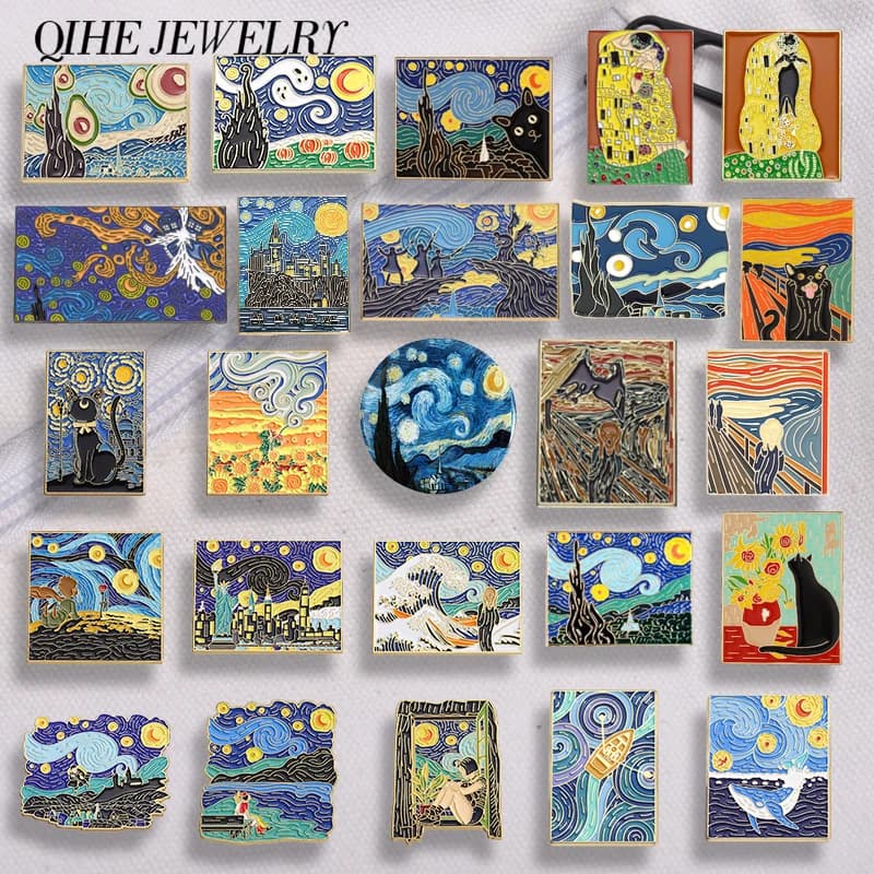 Oil Painting Design Enamel Pin Custom Artist Van Gogh Art Starry Sky Wave Black Cat Brooch Bags Lapel Badges Jewelry Accessories