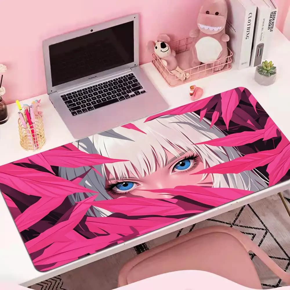 Tappetino per mouse HYBXAXC Anime con ragazza dai capelli bianchi e foglie rosa, tappetino da scrivania a farfalla in stile scuro, grande tappetino antiscivolo per tastiera da gaming per PC