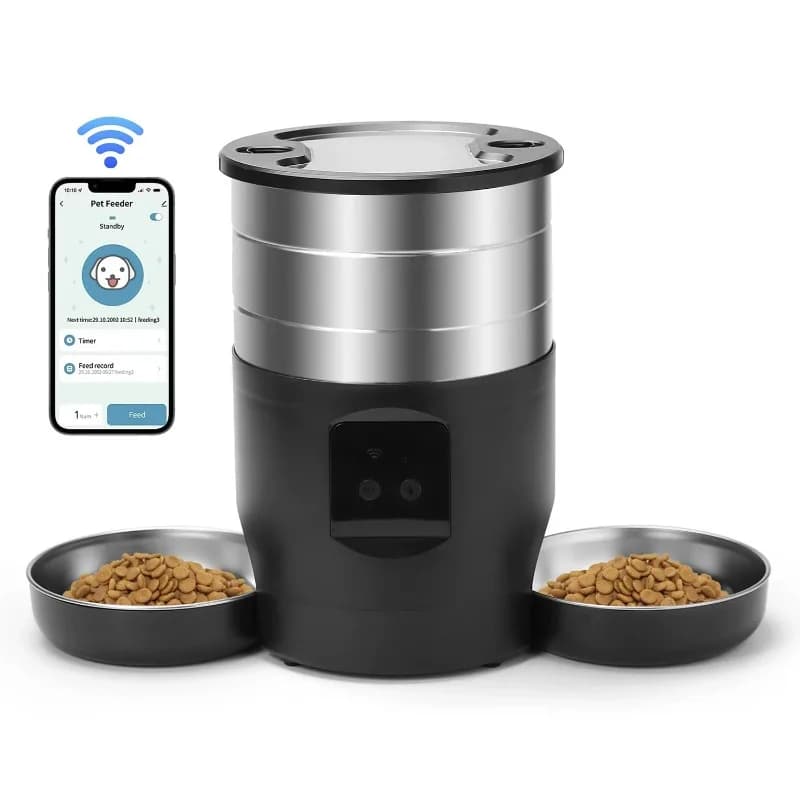 ZHAYA 4.5L Button WiFi Automatic Cat Feeder Includes Two Stainless Steel Bowls Smart Pet Cat and Dogs Food Dispenser Feeder