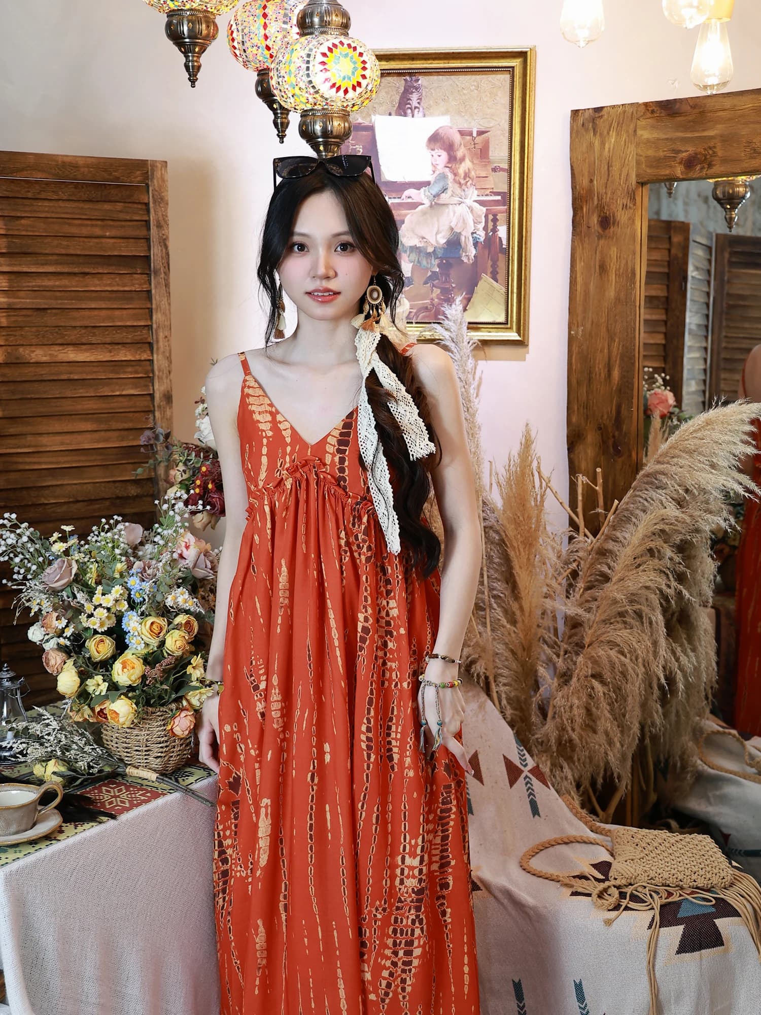 Abito Lungo Bohemien da Vacanza, Senza Spalline, Morbido, Estivo, con Vita Morbida, Silhouette a Trapezio, Scollo a V, Stampa, Materiale Sottile