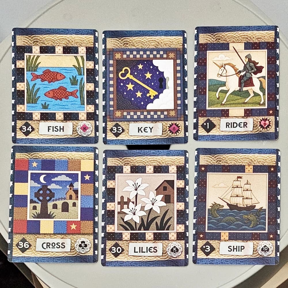 Mazzo di Carte Lenormand 9*6cm su Cartoncino a Doppia Goffratura, Tema Quilting Rustico, 36 Carte per Divinazione Folk Art