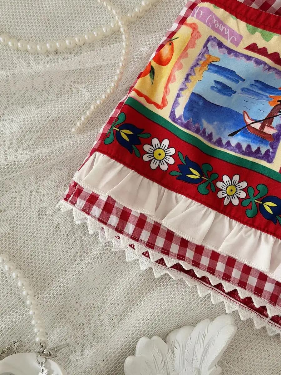 Red Gingham Floral Fruit Print Patchwork Women Shorts With Ruffle Hem