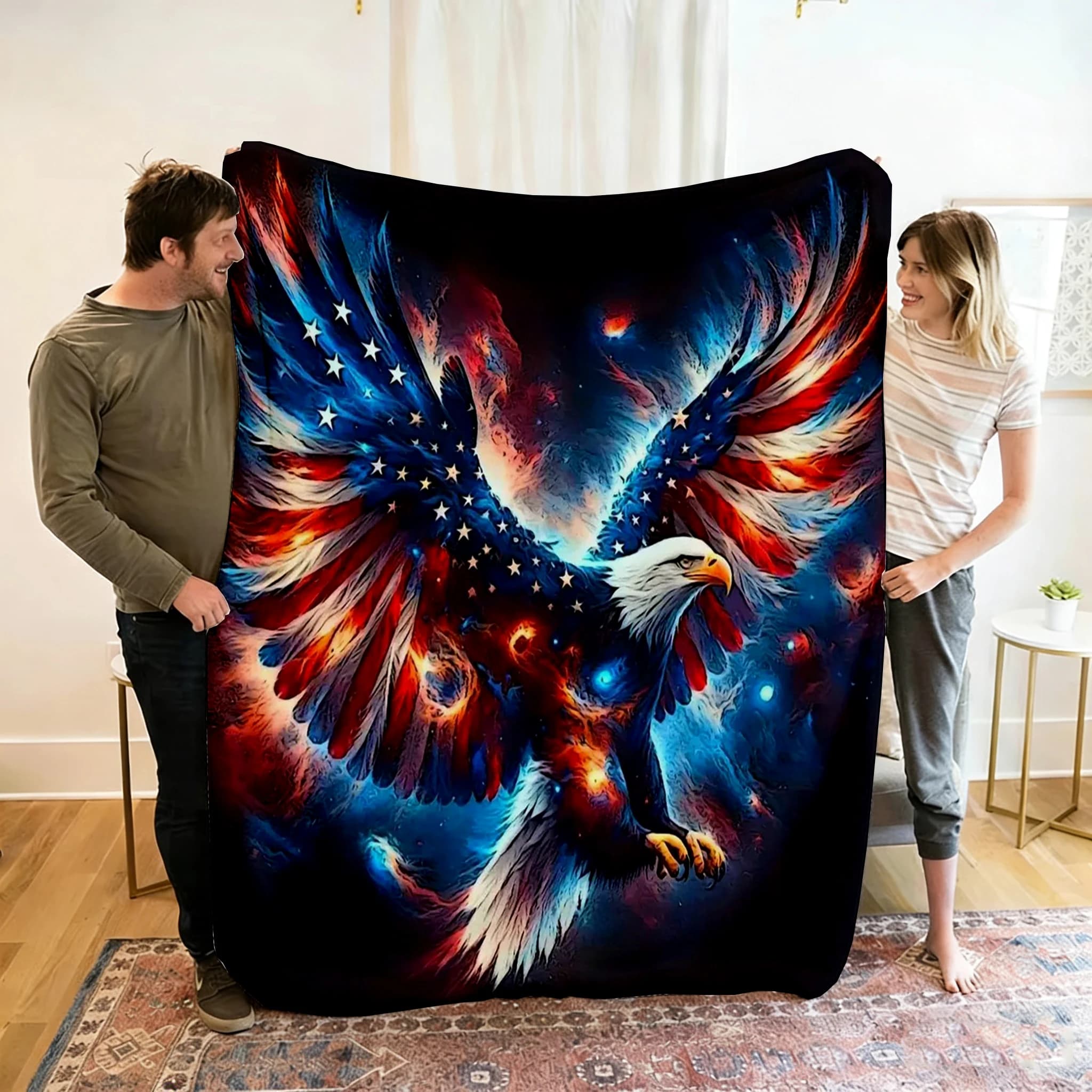 1pc Flannel Throw Blanket flag eagle pattern HD Digital Print,suitable for sofas,beds,offices,travel,camping chairs,warm blanket