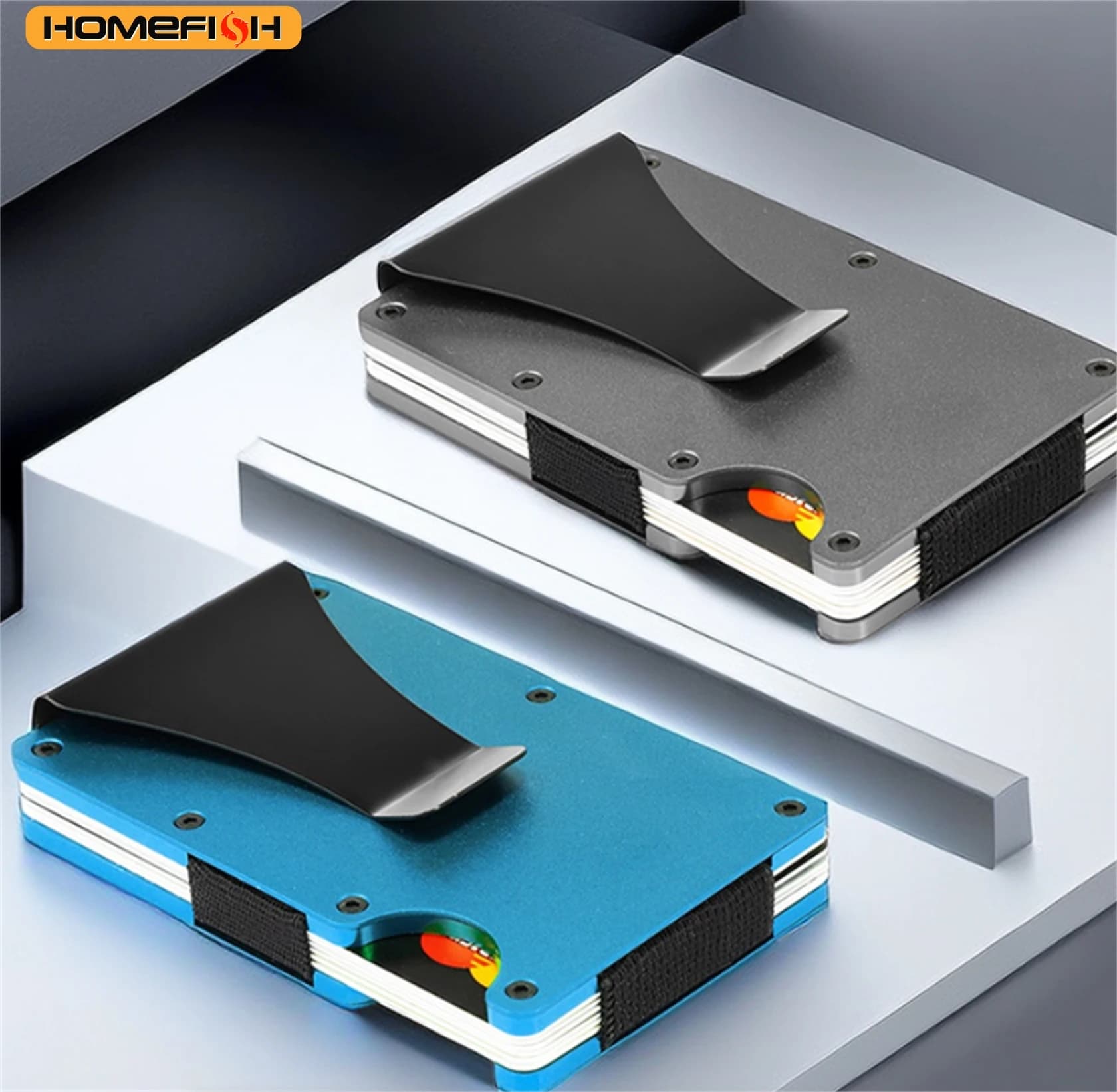 Portafoglio HOMEFISH per uomo, porta carte di credito sottile e minimalista con protezione RFID e fermasoldi, custodia per carte in alluminio resistente ai graffi
