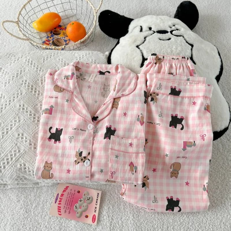Spring and Autumn Korean-Style Homewear Casual Women's Pajamas Set Pink Checkered Cartoon Cute Cat Print Long Sleeve Sleepwear