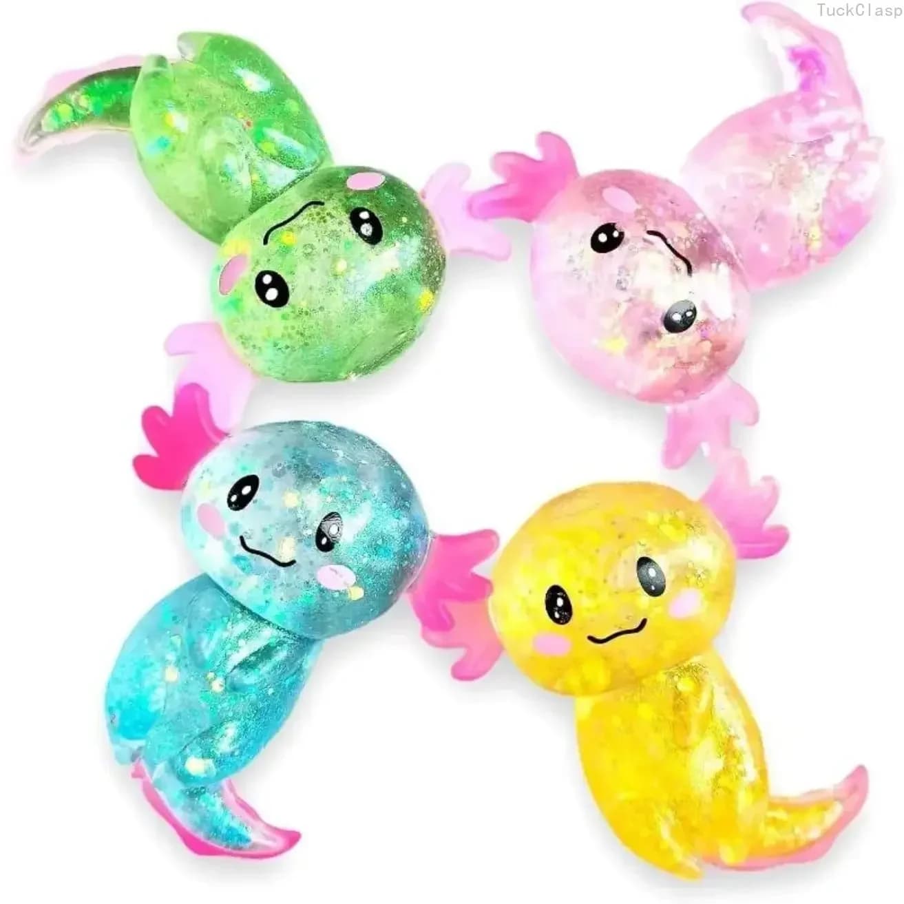 Set di 4 Giocattoli Squishy Glitterati a Forma di Axolotl, Simpatici Giocattoli Antistress in Zucchero di Malto per Adulti e Bambini