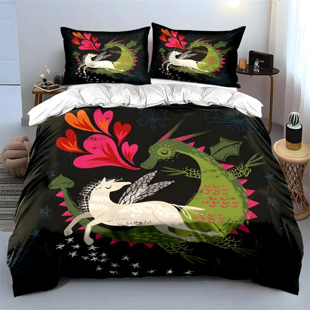 Set di biancheria da letto "Dragon Unicorn Fantasy Decor Set" con 1 copripiumino e 2 federe, singolo, matrimoniale, king, queen, regalo
