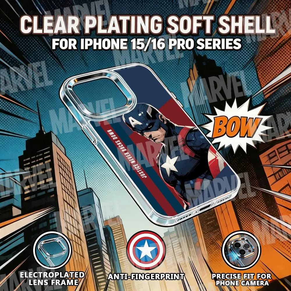Custodia per telefono Captain America MARVEL per iPhone 17 Air 16 15 14 13 12 11 Pro Max Plus con pulsante cromato e anello fotocamera trasparente