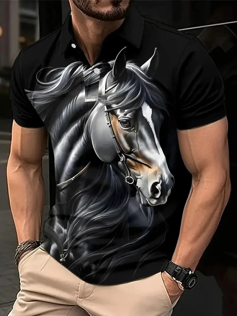 Nuove polo estive Harajuku con grafica a cavallo per uomo, magliette da golf a maniche corte, polo stampate in 3D per amanti dei cavalli, streetwear casual.