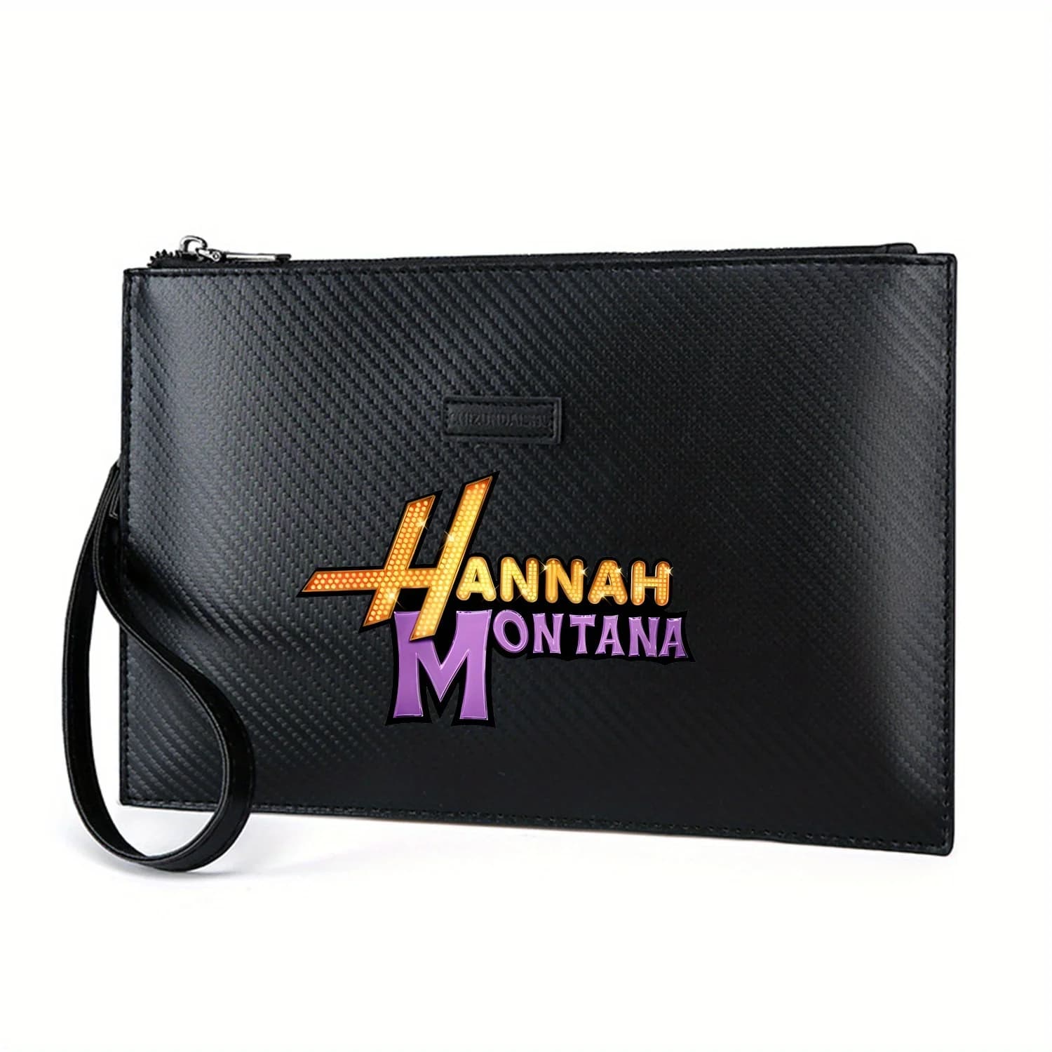 Logo Hannah Montana, luci, lettere dorate, viola. Elegante borsa da uomo in PU stampata alla moda e pratica per il trasporto quotidiano