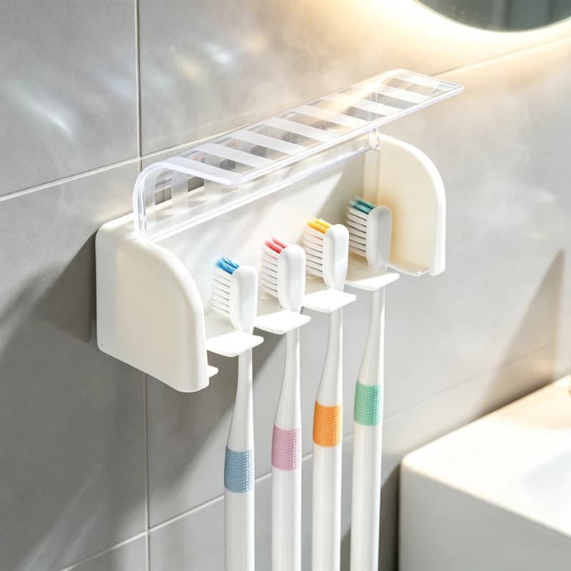 Toothbrush Holder with Lid Wall-Mounted Storage Rack with Flip-Top Design Waterproof Dustproof Suitable for Bathrooms Hotels