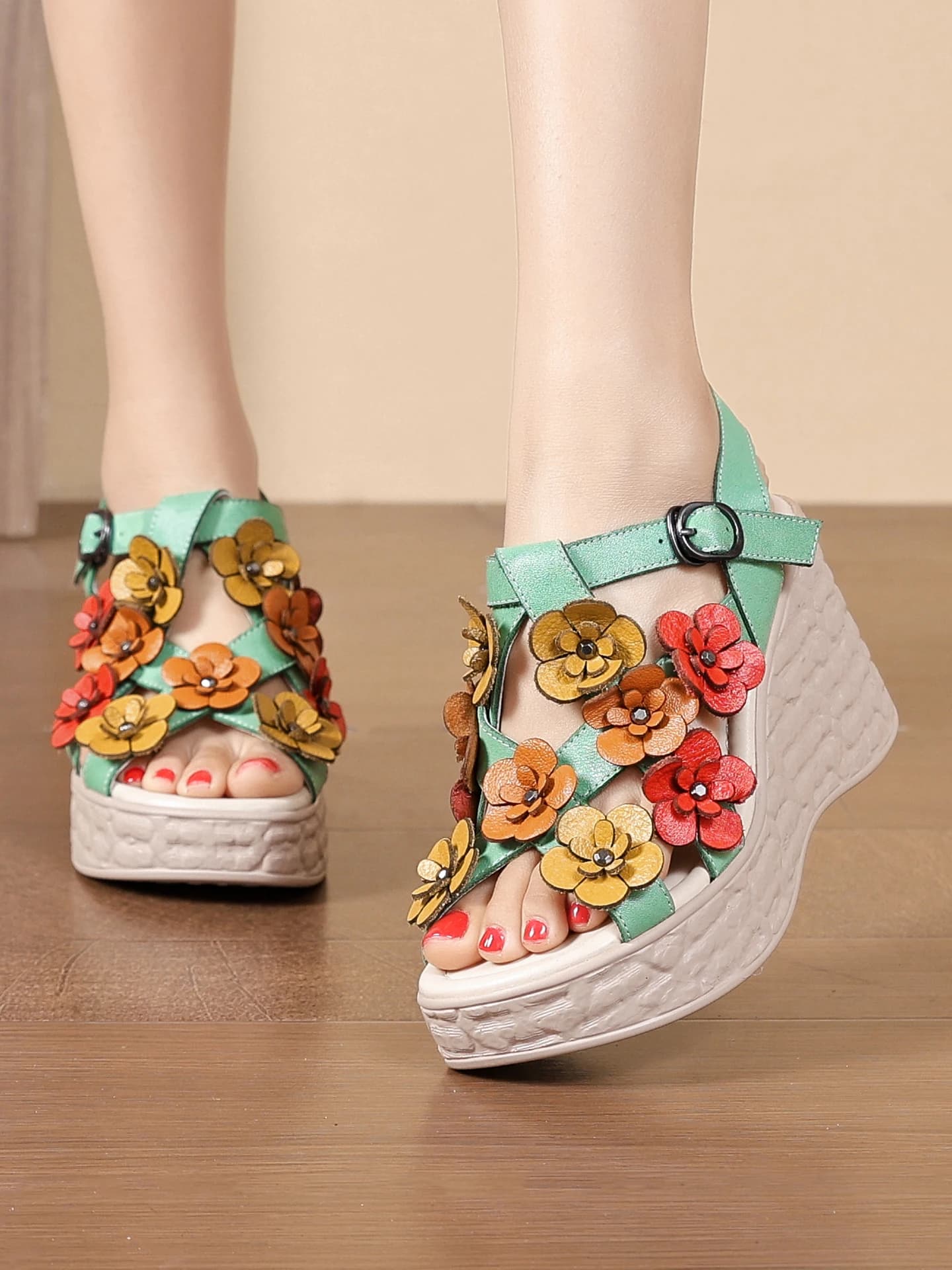 Birkuir Flowers Wedges Sandals For Women Buckle Summer 8cm High Heel Slides Luxury Cross Belt Open Toe Thick Heel Sandals Shoes