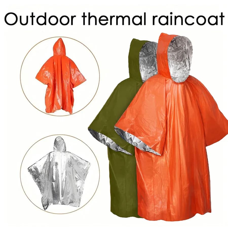 Poncho Antipioggia di Emergenza con Cappuccio - Confezione da 2, PE, Resistente all'Acqua e Foderato in Mylar Termico, Coperte di Sopravvivenza per Esterni, Attrezzatura da Campeggio