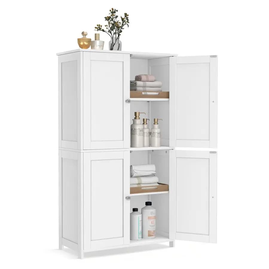 Ground cabinet, Shaker cabinet with 2 adjustable shelves, 4 doors, High self-supporting organizer unit, for kitchen and bathroom