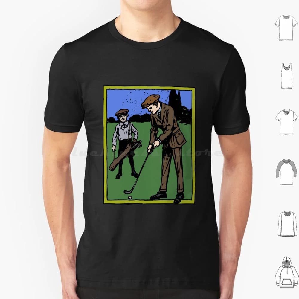 Father And Son Playing Golf , Retro Golf Painting T Shirt Big Size 100% Cotton Golf Sports Master Pga Sunday Pga Tour Golf