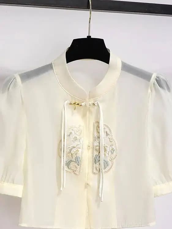 Nuova Giacca Corta Estiva da Donna in Stile Cinese con Ricami e Protezione Solare, Colletto Alto e Bottoni, Top Sottile con Bretelle