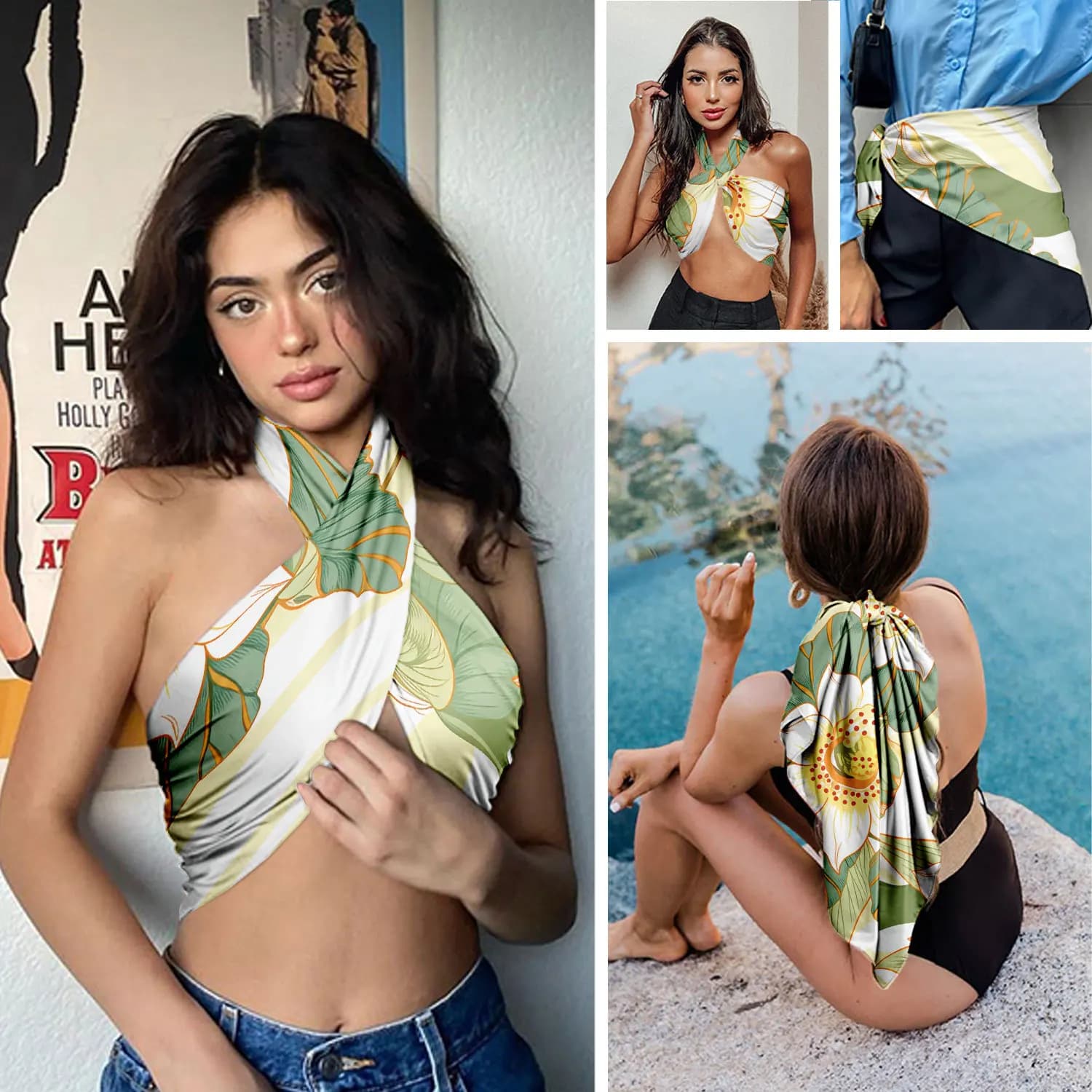 0260 women's floral satin square scarf - soft silk-feel headscarf, multi-purpose neckerchief, head wrap