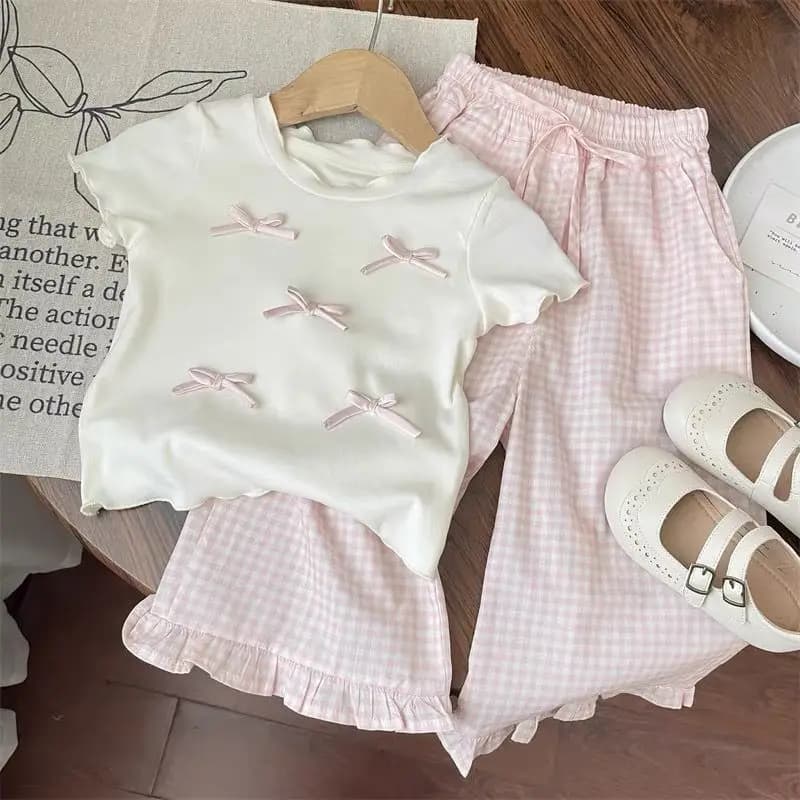 Set di abbigliamento per bambini Top a maniche corte con fiocco + pantaloni scozzesi a gamba larga Set da 2 pezzi Vestiti per bambini per ragazze Vestiti per bambina