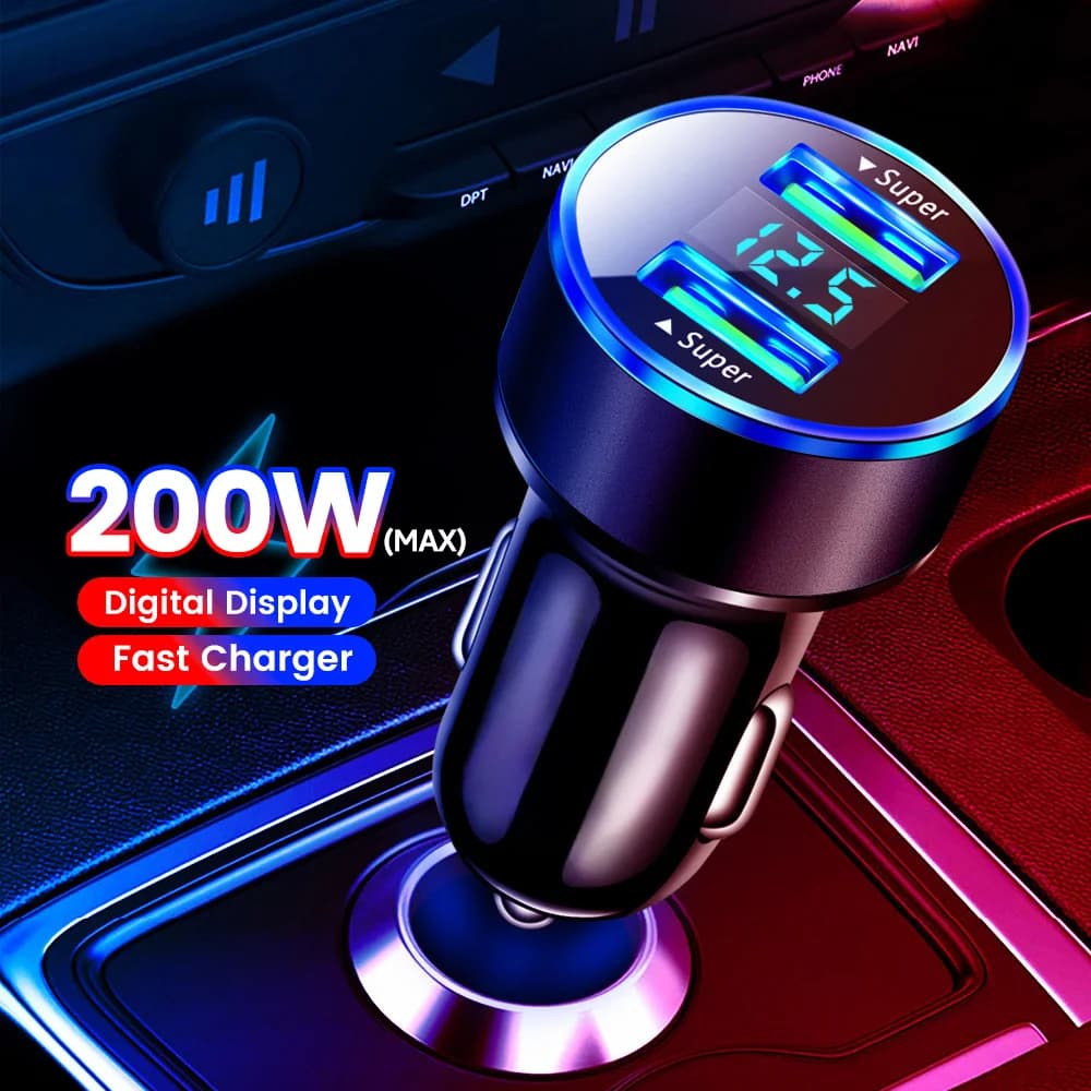 Adattatore per caricabatteria per auto con display digitale a ricarica rapida per accendisigari doppio USB da 200 W per iPhone Huawei Xiaomi Samsung