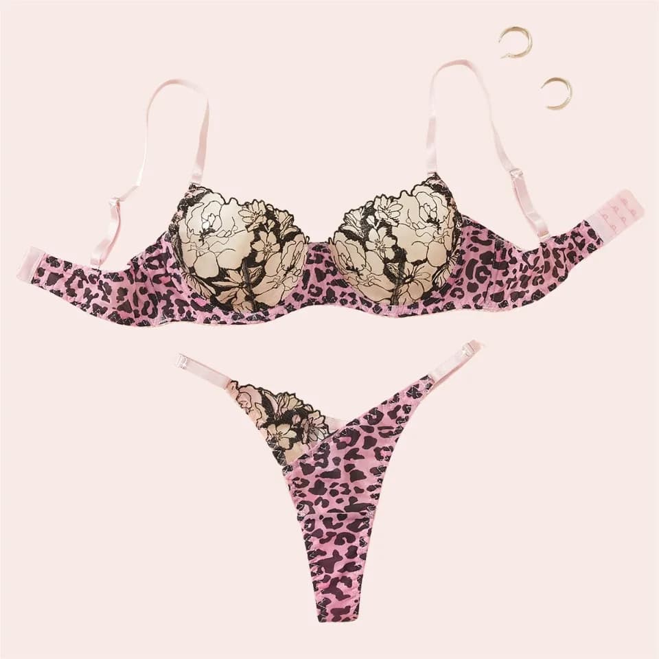 Ellolace Seductive Women's Lingerie Sets Wild Leopard Bra Thong 2PC Pink Romantic Patchwork Intimates Elegant Women's Underwear