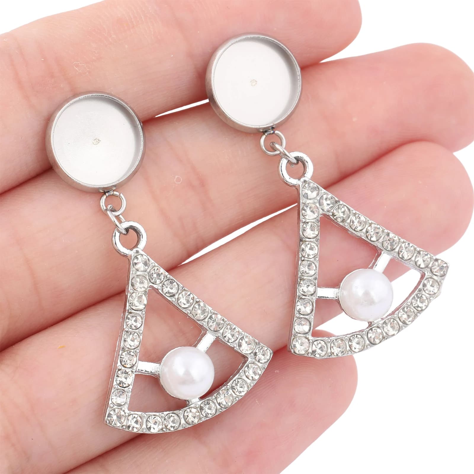 10pcs Stainless Steel Fit 10mm Cabochon Earring Base Blanks Studs With Triangle Pearl Crystal Charms Diy Jewelry Making Kits