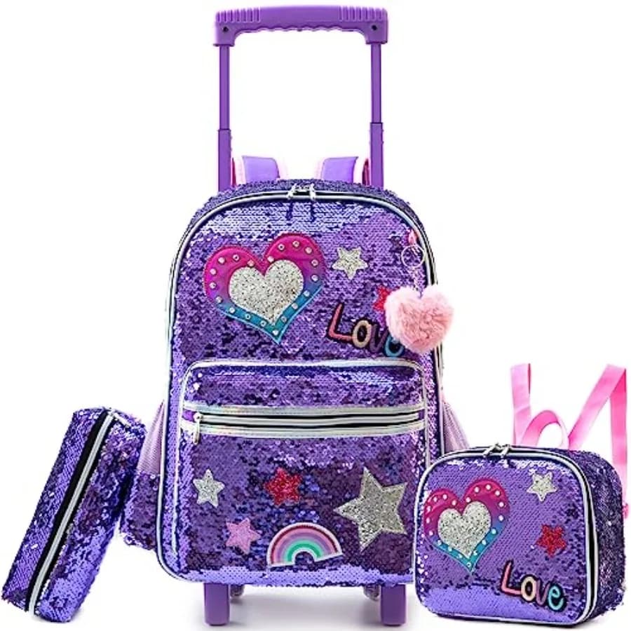Zaino con Ruote per Ragazze, Zaino Scolastico con Paillettes e Ruote per Studenti delle Elementari e dell'Asilo con Porta Pranzo